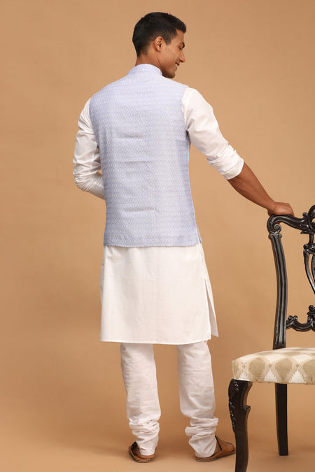 VASTRAMAY Lavender Woven Jacket With White Kurta and Pyjama Baap Beta Set